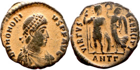 Honorius ( 395-423) Nummus. Obverse: DN HONORIVS P F AVG, pearl-diademed, draped and cuirassed bust right Reverse: VIRTVS EXERCITI, emperor standing f...