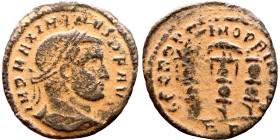 Maximinus II Daia (305-313) follis. Obv: IMP C GAL VAL MAXIMINVS P F AVG Bust of emperor. Rev: Three military baners