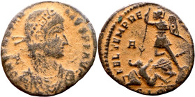 Constantius II (337-361) follis. Obv.: D N CONSTAN-TIVS P F AVG; bust of Constantius II, pearl-diademed, draped, cuirassed, right. Rev.: FEL TEMP RE-P...