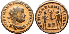 Maximianus. (286-305 AD). Æ Antoninian. Obv: IMP C M A MAXIMIANVS P F AVG. radiate cuirassed bust of Maximianus right. Rev: CONCORDIA MILITVM. Jupiter...