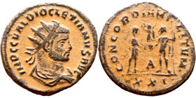 Diocletian (284-294 AD). Antoninianus. Obv.: IMP C C VAL DIOCLETIANVS AVG Bust of Diocletian, radiate, draped, right. Rev.: CONCORDIA MILITVM• Dioclet...