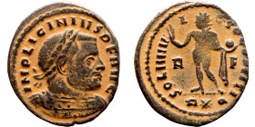 Licinius I. (308-324 AD) Follis. Obv: IMP LICINIVS P F AVG. laureate bust of Licinius right. Rev: SOLI INVICTO COMITI. Standing Sol