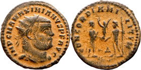 Maximianus. (286-305 AD). Æ Antoninian. Obv: IMP C M A MAXIMIANVS P F AVG. radiate cuirassed bust of Maximianus right. Rev: CONCORDIA MILITVM. Jupiter...