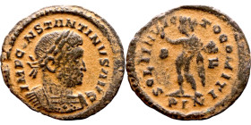 Constantinus I (307-337 AD). Follis. Obv: IMP CONSTANTINVS PF AVG. laureate bust of Constantinus left. Rev: SOLI INVICTO COMITI. Sol standing left hol...