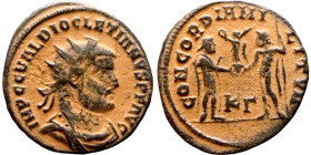 Diocletian (284-294 AD). Antoninianus. Obv.: IMP C C VAL DIOCLETIANVS AVG Bust of Diocletian, radiate, draped, right. Rev.: CONCORDIA MILITVM• Dioclet...