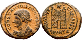 Constantius II (caesar:324 -337)). Follis. Obv.: FL IVL CONSTANTIVS NOB C, Laureate, draped and cuirassed bust of Constantius left. Rev.: PROVIDENTIA ...