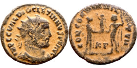 Diocletian (284-294 AD). Antoninianus. Obv.: IMP C C VAL DIOCLETIANVS AVG Bust of Diocletian, radiate, draped, right. Rev.: CONCORDIA MILITVM• Dioclet...