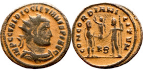 Diocletian (284-294 AD). Antoninianus. Obv.: IMP C C VAL DIOCLETIANVS AVG Bust of Diocletian, radiate, draped, right. Rev.: CONCORDIA MILITVM• Dioclet...