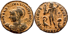 Licinius II (317-324 AD).AE follis. Obv.: D N VAL LICIN LICINIVS NOB C, helmeted and cuirassed with spear across shoulder and shield bust left. Rev.: ...