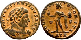 Constantinus I (307-337 AD). Follis. Obv: IMP CONSTANTINVS PF AVG. laureate bust of Constantinus left. Rev: SOLI INVICTO COMITI. Sol standing left hol...