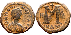 Justin I (518-527) Follis Obverse: :D N IVSTINVS PP AVG, diademed, draped, and cuirassed bust right Reverse: Large M