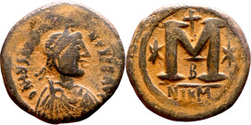 Justinian I (527-565) Follis. Obverse: D N IVSTINIANVS PP AVG, diademed, draped, and cuirassed bust right Reverse: Large M, mintmark