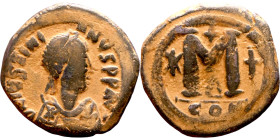 Justinian I (527-565) Follis. Obverse: D N IVSTINIANVS PP AVG, diademed, draped, and cuirassed bust right Reverse: Large M, mintmark