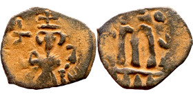 Constans II (641-668) Family Follis.. Obverse: No inscription Constans bust. Reverse: M between Heraclius, Constantine IV, Tiberius
