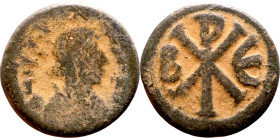 Justin I (518-527) Pentanummium. Obverse: :D N IVSTINVS PP AVG, diademed, draped, and cuirassed bust right Reverse: CHI-RO