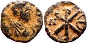 Justin I (518-527) Pentanummium. Obverse: :D N IVSTINVS PP AVG, diademed, draped, and cuirassed bust right Reverse: CHI-RO