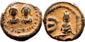 Justin I and Justinian (527), Pentanummium. Antioch. Obverse: Two bust of emperors. Reverse: Tyche, Large E