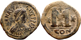 Anastasius I (491-518) Follis. Obverse: DN ANASTASVS PP AVG diademed, draped, and cuirassed bust right Reverse: Large M