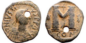 Justin I (518-527) Follis Obverse: :D N IVSTINVS PP AVG, diademed, draped, and cuirassed bust right Reverse: Large M