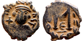 Constans II (641-668) Follis. Obverse: Imperial figure holding cross and globus Reverse: m and inscription