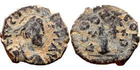 Anastasius I (591-518) decanummium. Obverse: D N ANASTASIVS PP AVG, pearl diademed, draped, cuirassed bust right Reverse: CON-CORD to left and right o...