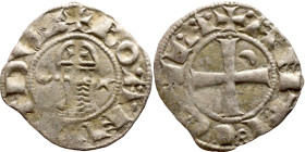 Principality of Antioch. Bohemond III (1163-1201) Denier. Antioch. Obverse: BOAИVHDVS, helmeted and mailed head left; crescent before, star behind Rev...