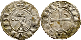 Principality of Antioch. Bohemond III (1163-1201) Denier. Antioch. Obverse: BOAИVHDVS, helmeted and mailed head left; crescent before, star behind Rev...