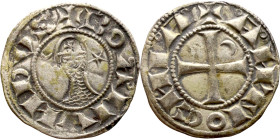 Principality of Antioch. Bohemond III (1163-1201) Denier. Antioch. Obverse: BOAИVHDVS, helmeted and mailed head left; crescent before, star behind Rev...