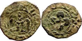 Italy: Valence, Late XIII century. Denari. Obverse: Anthropomorphic bird and inscription in rim: VRBS VALENTIAI Reverse: Cross with rounded arms and i...
