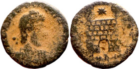 Arcadius ? (395-408) Follis. Obv: D N ARCADIVS P F AVG, pearl-diademed and draped bust right Rev: GLORIA REPVBLICE, camp gate