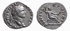 VESPASIANO (69-79) DENARIO - D/Busto laureato a d. R/L'Imperatore seduto a d. - Ar - C.387 BB+