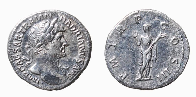 ADRIANO (117-138) DENARIO - D/Busto laureato a d. con leggero drappeggio sulla s...
