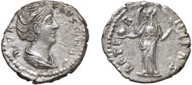 FAUSTINA MADRE (†141) Moglie di Antonino Pio - DENARIO - D/Busto drappeggiato e diademato a d. con i capelli raccolti in uno chignon legato con perle ...