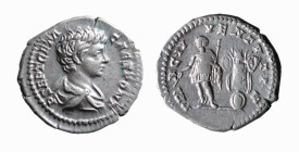 GETA (198-209) DENARIO - - D/Busto drappeggiato rivolto a destra P SEPTIMIVS GETA CAES R/L'Imperatore stante con asta a s. con accanto un trofeo PRINC...