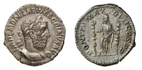 MACRINO (217-218) DENARIO - D/Busto corazzato e laureato a d. IMP C M OPEL SEV MACRINVS AVG R/La Fides stante a s. rivolta a d., regge due insegne e t...
