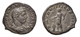 ELIOGABALO (218-222) DENARIO - D/Busto laureato e drappeggiato a d. IMP ANTONINVS PIVS AVG R/Eliogabalo stante a s. con bastone e patera nell'atto di ...
