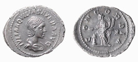 AQUILIA SEVERA (220-222) Seconda moglie di Eliogabalo - DENARIO - D/Busto drappeggiato a d. IVLIA AQVILIA SEVERA AVG R/La Concordia seduta a s. con pa...