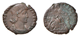 GIULIANO II (361-363) PICCOLO BRONZO Ø mm.16 - D/Busto con testa nuda a d. R/L'Imperatore in piedi a s. trafigge un nemico a cavallo - Mi - C.43 BB+