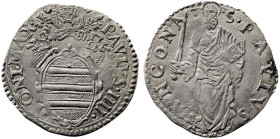 ANCONA - PAOLO IV (1555-1559) GIULIO - D/Stemma ovale PAVLVS.IIII PONT.MAX R/San Paolo stante con spada e libro aperto S PAVLVS (simbolo) ANCONA - Ar ...