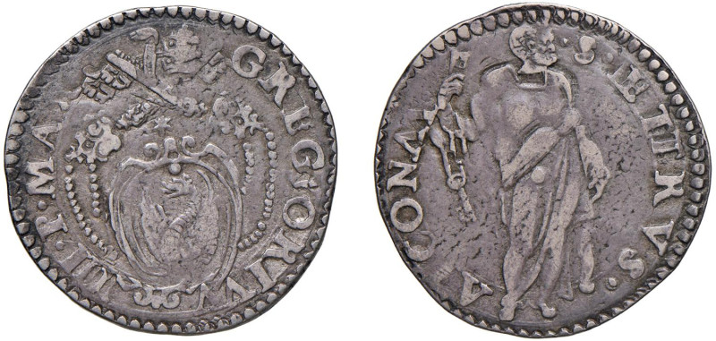ANCONA - GREGORIO XIII (1572-1585) TESTONE - D/Stemma sormontato da triregno e c...