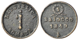 ANCONA- REPUBBLICA ROMANA (1848-1849) BAIOCCO 1849 - D/Il fascio sormontato dal pileo REPUBBLICA ROMANA R/In alto entro ghirlanda il valore 1 Sotto BA...