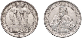 VECCHIA MONETAZIONE (1864-1938) LIRE 20 - Anno 1933 - D/Busto di 3/4 del santo Marino benedicente con la città nella mano s. R/Le tre piume sormontate...