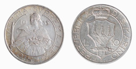 VECCHIA MONETAZIONE (1864-1938) LIRE 10 - Anno 1935 - D/Stemma coronato con le tre torri e piume R/Il Santo di 3/4 con spada e la corona nella mano si...