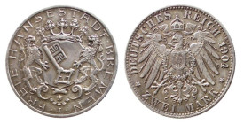 GERMANIA - BREMEN CITY FREE (1871-1918) 2 MARKS 1904 J - D/Stemma coronato affiancato da 2 fiere R/Aquila spiegata coronata - Ar - J. 59 - KM,250 SPL