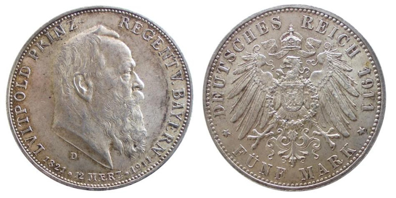 GERMANIA - BAYERN - LUITPOLD (1886-1912) 5 MARKS 1911 D - D/Testa nuda a d. R/Aq...