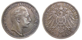 GERMANIA - PRUSSIA - GUGLIELMO II (1861-1888) 5 MARKS 1899 A - D/Testa nuda a d. R/Aquila spiegata - Ar - J.104 - qSPL