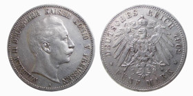 GERMANIA - PRUSSIA - GUGLIELMO II (1888-1918) 5 MARKS 1902 A - D/Busto a d. con sotto A R/Aquila spiegata e coronata - Ar - J.104 qSPL