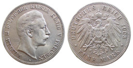 GERMANIA - PRUSSIA - GUGLIELMO II (1888-1918) 5 MARKS 1903 A - D/esta a d. R/Aquila spiegata - Ar - J.104 qSPL/SPL