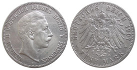GERMANIA - PRUSSIA - GUGLIELMO II (1888-1918) 5 MARKS 1907 A - D/Testa a d. R/Aquila spiegata - Ar - J.104 qSPL/SPL