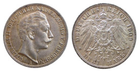 GERMANIA - PRUSSIA - GUGLIELMO II (1888-1918) 3 MARKS 1909 A - D/Testa nuda a d. R/Aquila spiegata - Ar - J.103 SPL